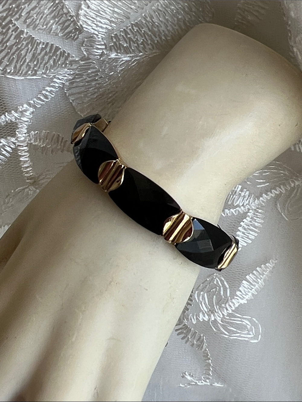 Monet Black Faceted Stretch Bracelet with Gold-Tone Accents